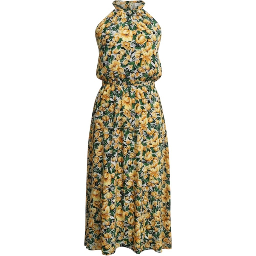 Fashion Floral Halter Maxi Dress Yellow Green Sleeveless Elastic Waist Size S